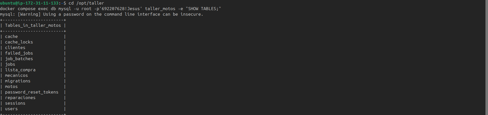 Tablas de la base de datos taller_motos