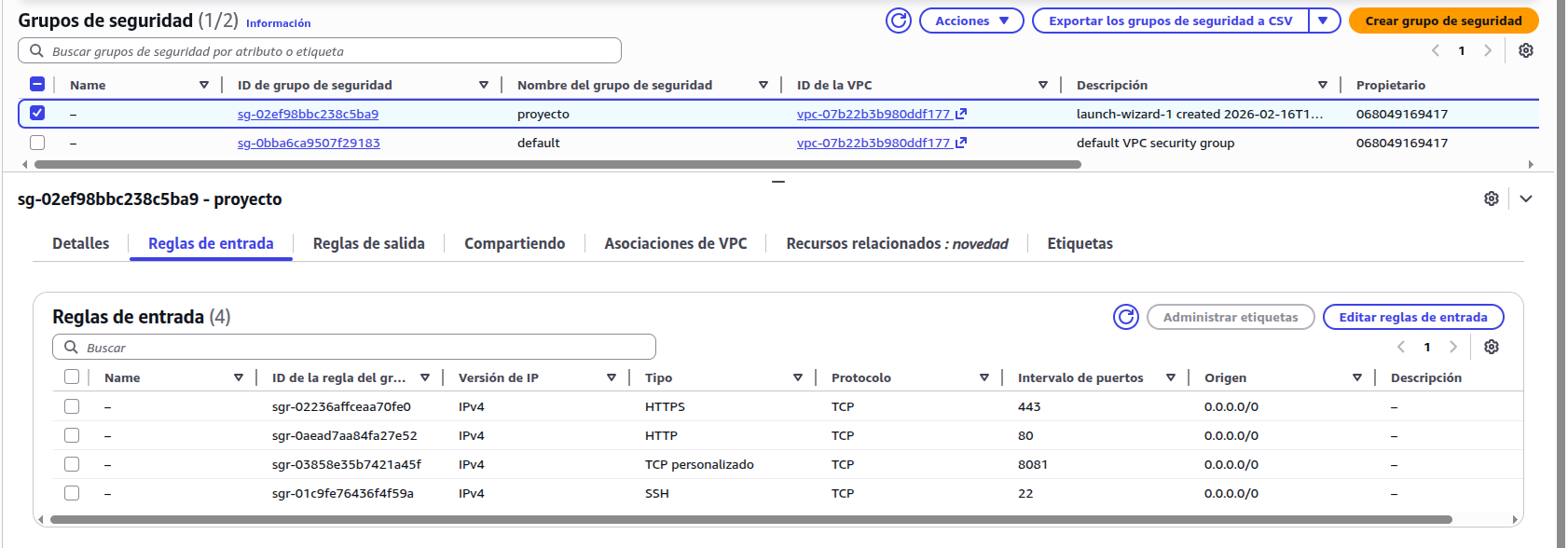 Reglas del Security Group en AWS